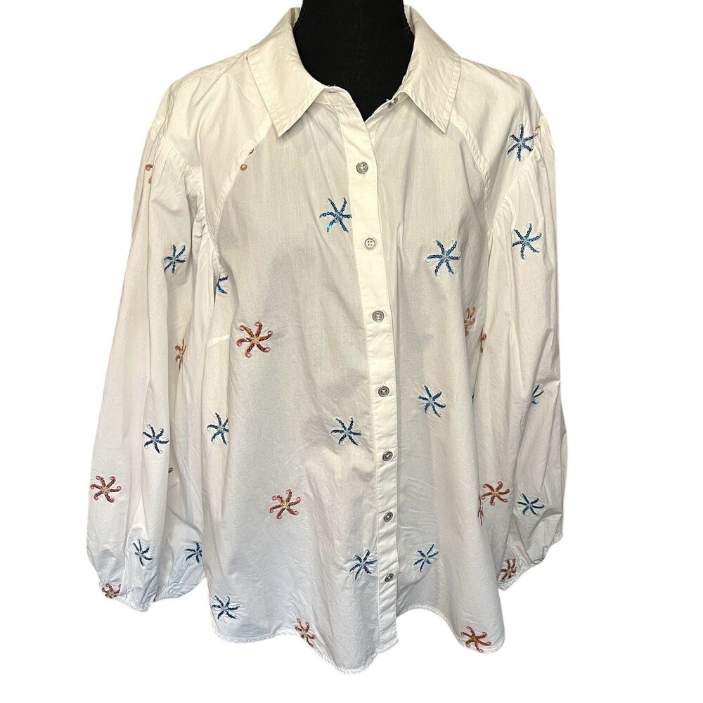 Maeve Anthropologie Embroidered Starfish Sequin Button Oversized 2X Beach Resort